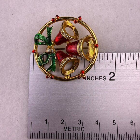 Artisan Vintage Womens Red & Green Enameled Gold Tone Holiday Bell Brooch - Picture 3 of 3